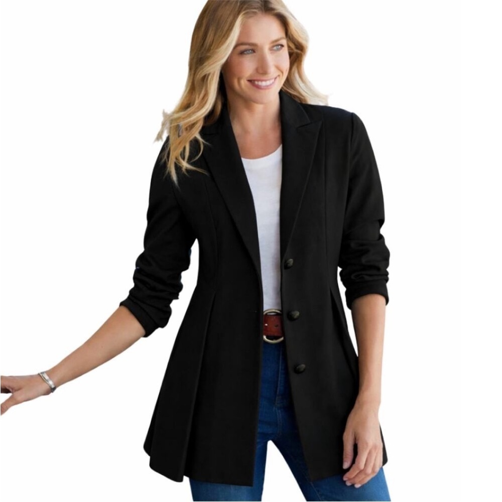 Soft Surroundings Jessamyn Ponte Pleated Blazer in Solid Black